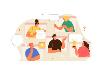 People talking on video conference. Remote work, webinar, video call, discussion, team