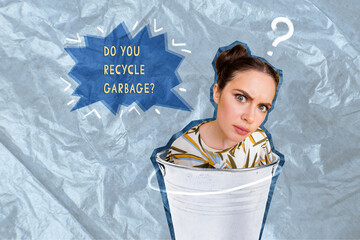 Photo cartoon comics sketch collage picture of suspicious lady asking you about recycling garbage...
