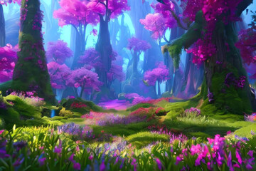 Magic forest with pink flowers. AI generated