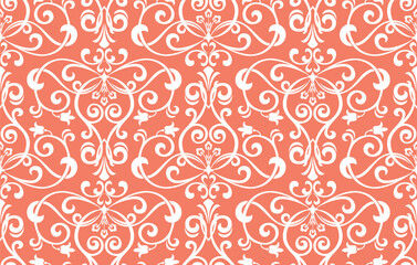 Wallpaper in the style of Baroque. Seamless vector background. White and pink floral ornament. Graphic pattern for fabric, wallpaper, packaging. Ornate Damask flower ornament