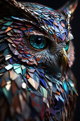 Owl head made of small shards of different colored carnival glass. Generative AI.
