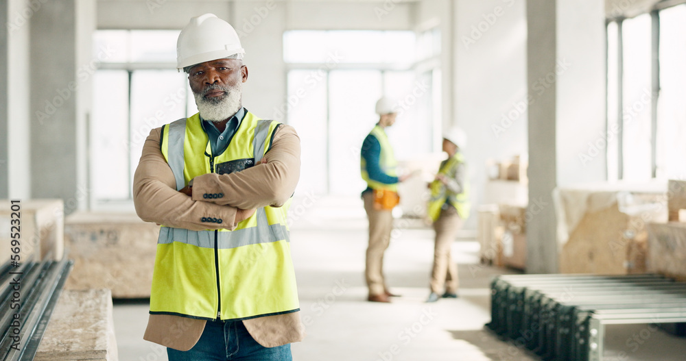 Poster construction, leadership and engineer with a black man architect standing on a building site with hi