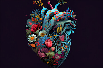 Human heart with colorful flowers, love and emotion concept, good hearted person, help and charity, generative AI 