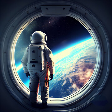 Astronaut from the porthole of the orbital space station looks at the planet Earth