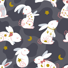 Cosmic White Rabbits Vector Seamless Pattern