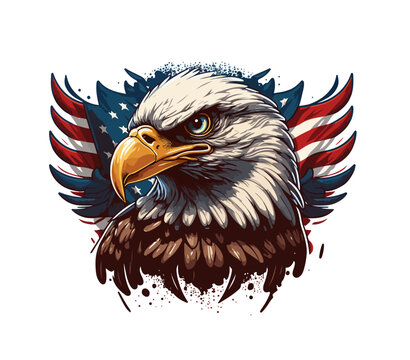 Vector american bald eagle in fron of USA flag, patriotic symbol of United States of America concept art