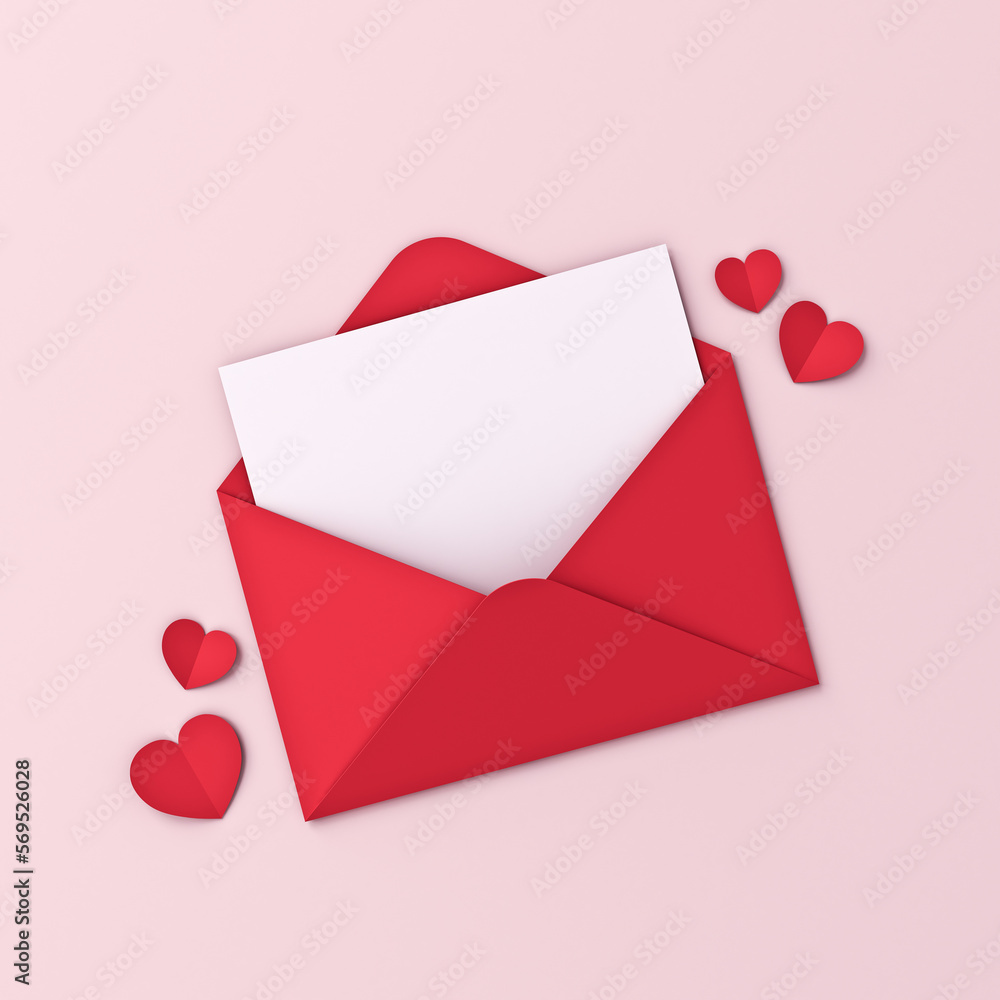Poster love letter creative idea concepts blank white paper in red envelope and red origami hearts isolated