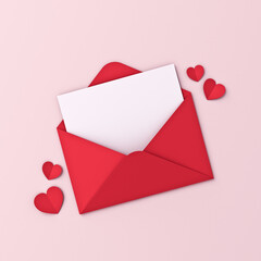 Love letter creative idea concepts blank white paper in red envelope and red origami hearts isolated on pink pastel color background with shadows minimal conceptual for valentines day 3D rendering
