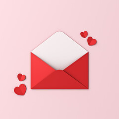 Love letter creative idea concepts blank red envelope with red origami hearts for putting products in it isolated on pink pastel color background minimal conceptual for valentines day 3D rendering