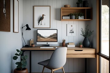 A home office with clean lines, neutral colors, and simple decor, featuring a desk, a chair