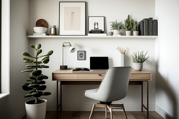 A home office with clean lines, neutral colors, and simple decor, featuring a desk, a chair