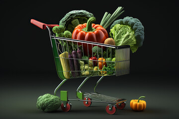 Shopping bags and baskets illustrations set. Grocery purchases, paper and plastic packages, turtle bags with products. Natural food, organic fruits and vegetable. Department store. Generative Ai