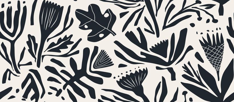 Hand drawn minimal abstract organic shapes seamless pattern, leaves and flowers.