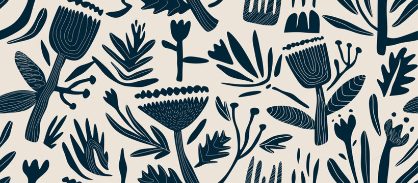 Fototapeta Hand drawn minimal abstract leaf organic shapes seamless pattern, leaves and flowers.