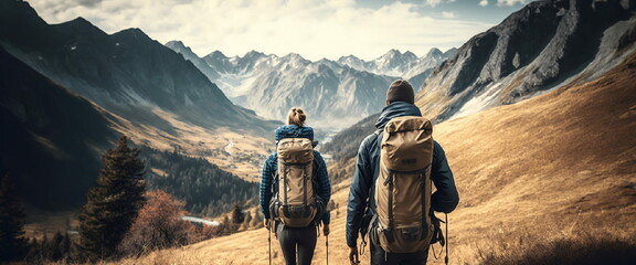 couple de randonneurs avec sac à dos avec paysage de montagne - illustration ia - obrazy, fototapety, plakaty