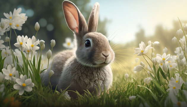 easter bunny with in a field with sping flowers
