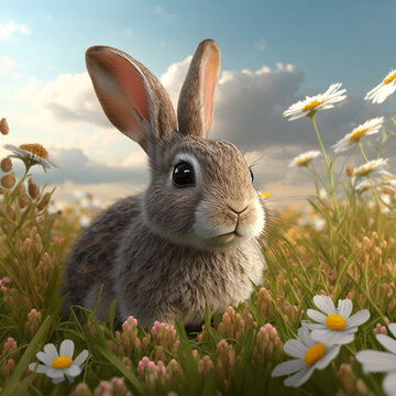 easter bunny with in a field with sping flowers