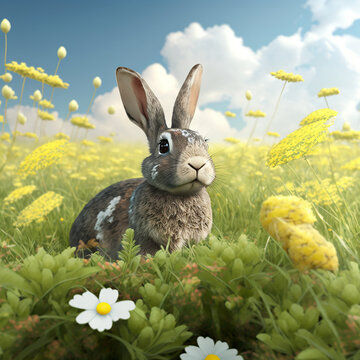 easter bunny with in a field with sping flowers