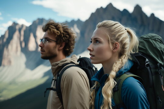 couple de randonneurs avec sac à dos avec paysage de montagne - illustration ia