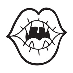 Funny smiling vampire lips with fangs, hand drawn in line style, bold outline, isoalted vector illustration