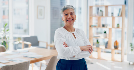 Fototapeta na wymiar Senior, ceo or face of a woman in leadership with pride, success or growth mindset in a office building. Portrait, mentor or executive manager with business experience, marketing knowledge or vision