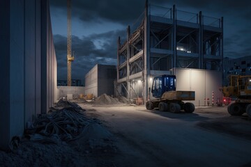 color photograph of modern english construction site scene. clean lines. detailed. blue hour. stark environmental lighting. generative ai
