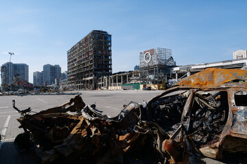 Russian missile destroyed cars and shopping center Retroville in Kyiv, Ukraine