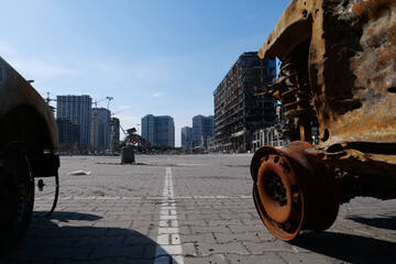 Russian missile destroyed cars and shopping center Retroville in Kyiv, Ukraine