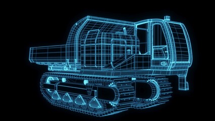 3D rendering illustration excavator blueprint glowing neon hologram futuristic show technology security for premium product business finance  