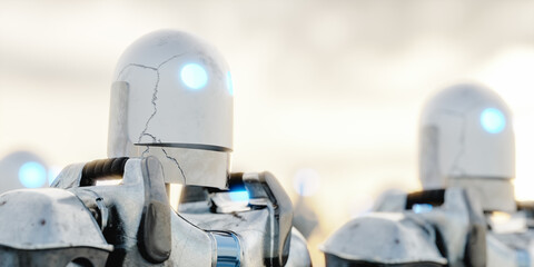 Obraz na płótnie Canvas Platinum robots with neon light eyes 3d render
