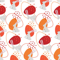 Seamless background with colored Easter eggs, hare or rabbit and dots on white. Festive pattern. Wrapping paper