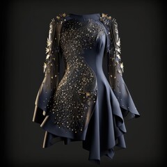 beautiful modern rumba dress, with one sleeve made of transparent silk, very elegant, dark blue with rhinestones on the back and chest and sleeves. Smooth lines, a pattern of sequins, generative ai