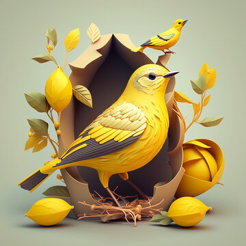 P&aacute;jaro amarillo concepto de romper cascaron  , ilustraci&oacute;n , vector 3d , generado con IA.