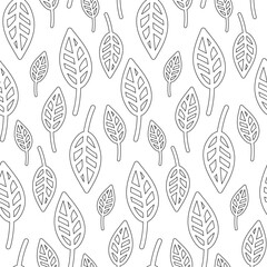 Seamless botanical pattern with silhouette hand drawn green leaves on white. Abstract floral texture. Wrapping paper. Coloring