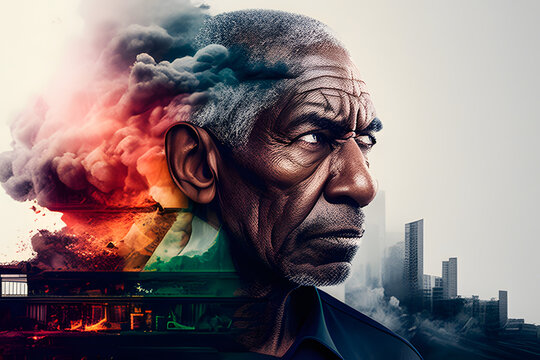 Illustration old man and background with destroyed city clouds Generative AI, AI Generative, Illustration AI, AI Illustration