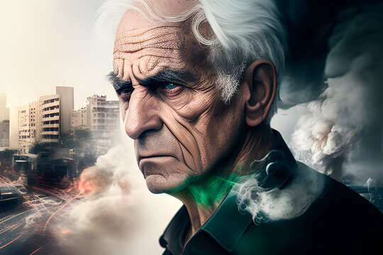 Illustration old man and background with destroyed city clouds Generative AI, AI Generative, Illustration AI, AI Illustration