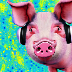 Schwein mit Kopfhöhrer. Biopunk - obrazy, fototapety, plakaty