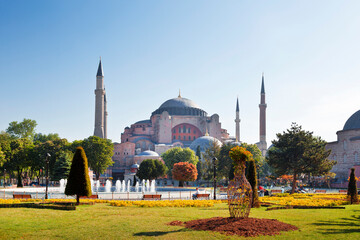 ISTANBUL, TURKEY - MAY 14, 2015: Sultanahmet square and the temple of Hagia Sophia, Istanbul, Turkey