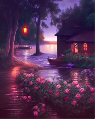 old cottage near the river with boat and roses at a sunset