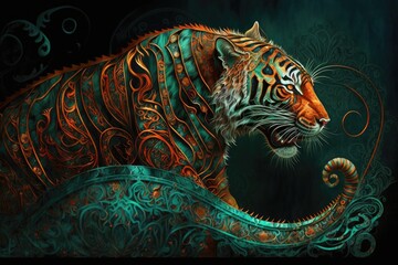 a tornado tiger, arabic style, filigree ornate, emerald and fiery orange generative ai