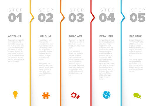 Five white steps progress page template with color borders, arrows and icons