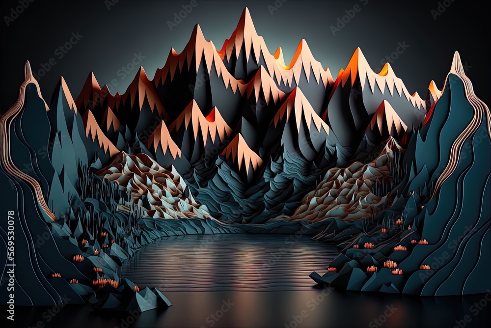 Poster ink drawing of a mountainous terrain with foreboding water as generative ai