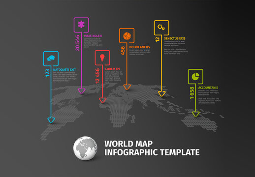 Dark world map infographic template with thin line square pointer marks