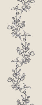 Vector vertical seamless border with hand drawn Rose Flower. Eps 10. Line-art botanical illustration. Floral backdrop