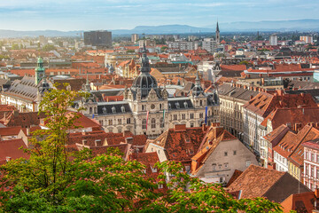 Beautiful panoramic view to the old town of Graz, popular travel destination in Austria
