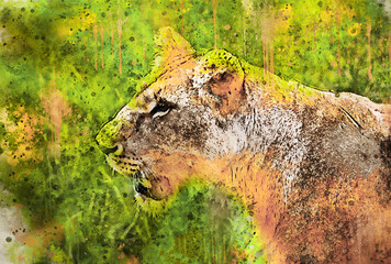 Portrait of a lioness in the Masai Mara, Kenya, watercolor artistic work