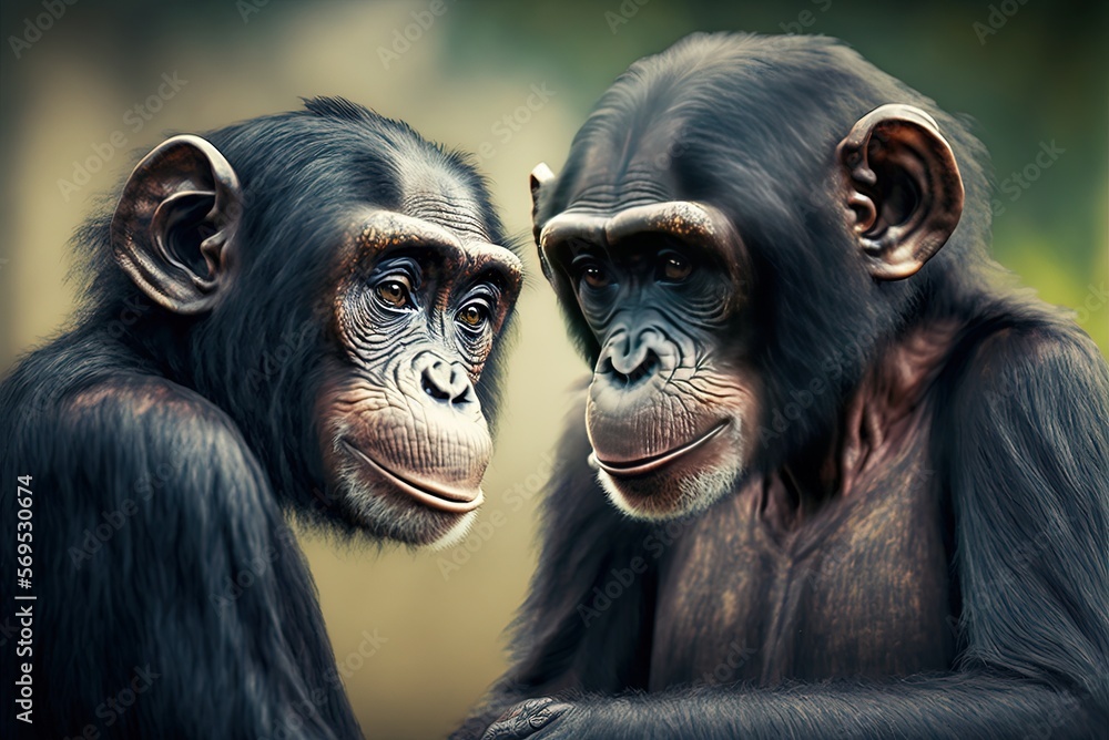 Poster two chimpanzees cuddle very close in front of a natural backdrop that has been intentionally obscure