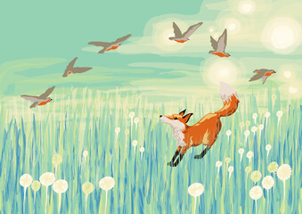 Fox and birds in nature spring spirit