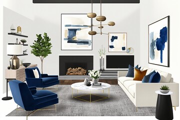 A minimalist living room with clean lines, featuring pops of bold blue, neutral colors, and simple decor