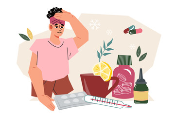 Ill woman with medicinal remedy for cold and flu, hand drawn vector illustration isolated on white background. Pills and drugs to relief influenza and cold, home treatment.